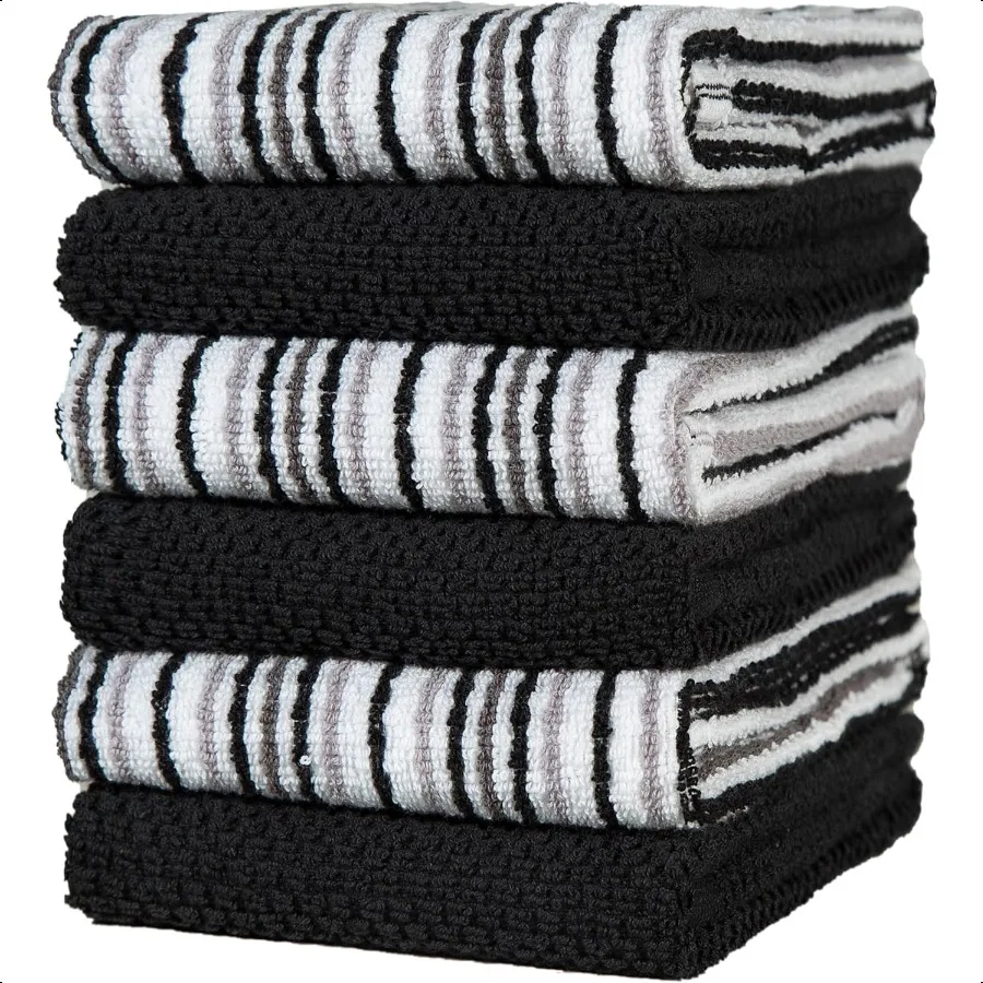 

Popcorn Stripe Cotton Kitchen Towels 6 Pack 16'x26' Highly Absorbent 400 GSM Black