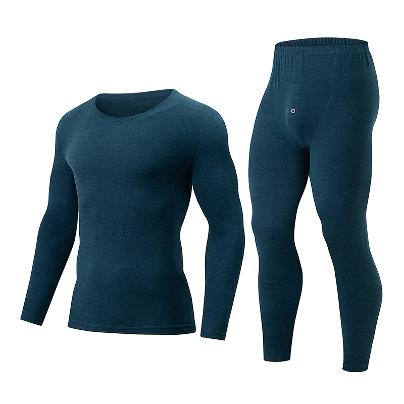 2 قطعة الخريف/الشتاء الرجال متعدد الألوان الملونة النسيج الدافئة مجموعة مريحة جولة الرقبة الملابس الداخلية تي شيرت مرونة الخصر زر بانت #3