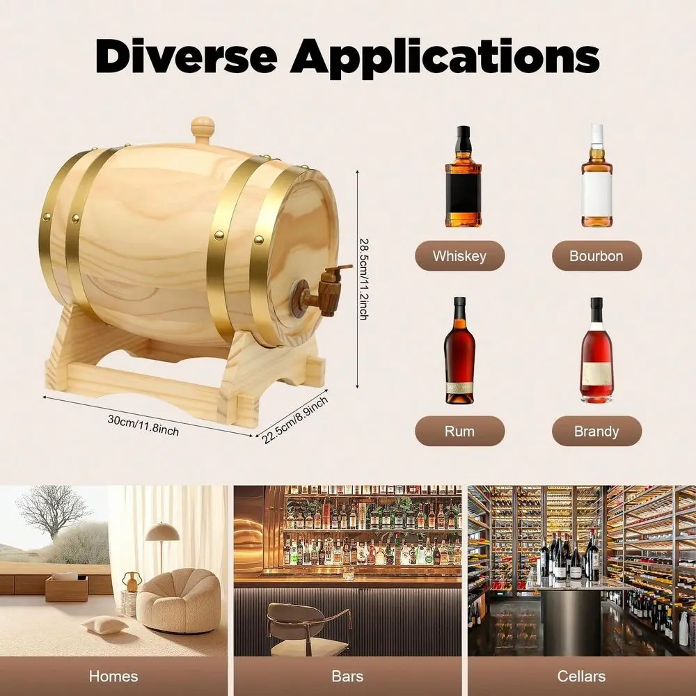 

3L 0.66Gal Wood Oak Wine Barrel Dispenser, Whiskey Beer Barrel With Stand, Mini Whiskey Barrels For Beer Brandy Tequila Whiskey