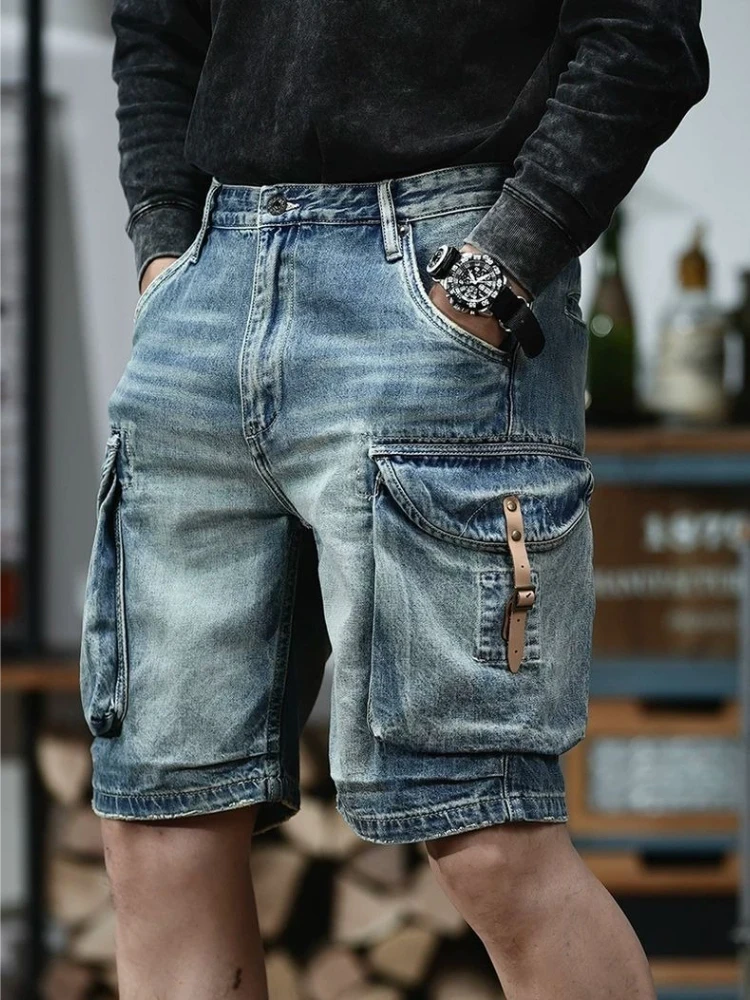 Men's Knee-Length Denim Shorts Retro 1970s American Workwear Design Summer Casual Mid-Length Contrast Color Fashion Outfit