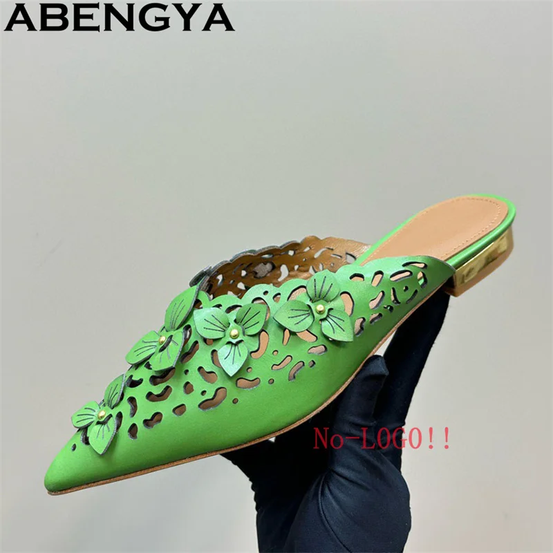 

ABENGYA Real Leather Petal Hollow Flat Slippers Women Pointy Toe Mules Shoes Woman Summer Ethnic Style Dress Party Shoes Mujer
