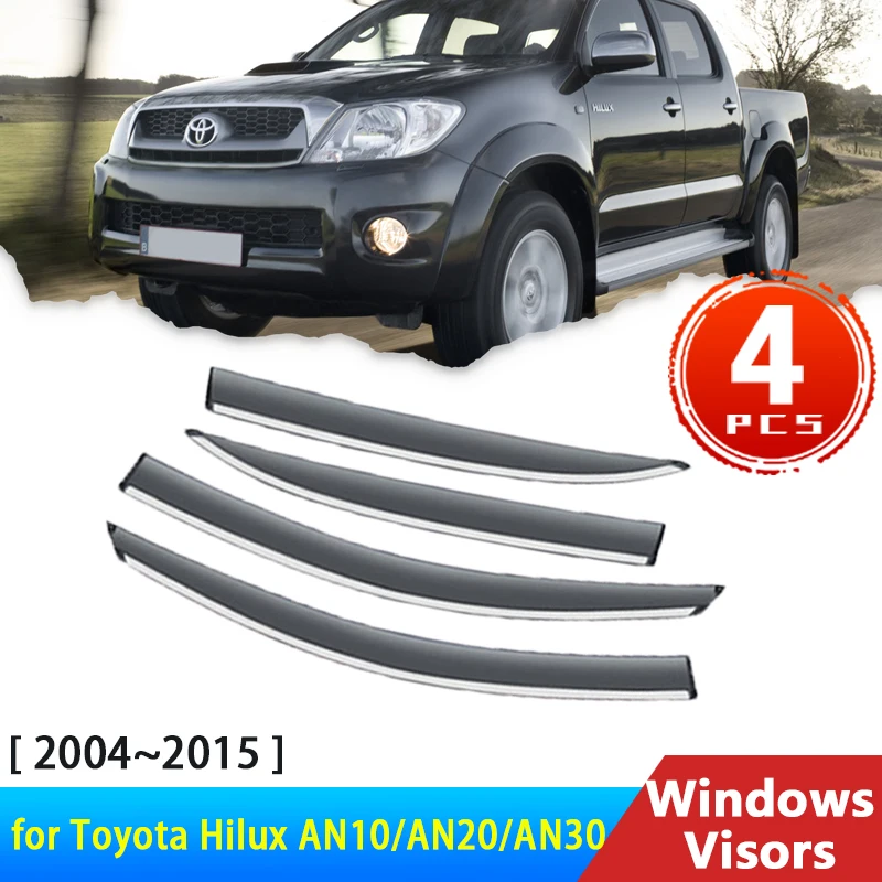 

Дефлекторы для Toyota Hilux AN10 AN20 AN30 2004 ~ 2015, аксессуары для боковых окон автомобиля, козырек от дождя, бровей, солнцезащитный козырек, лобовое стекло