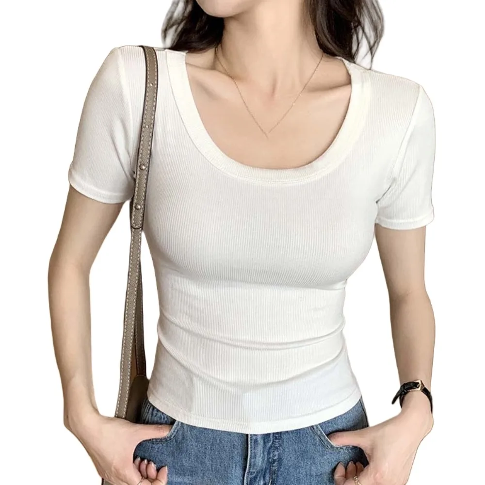 

Slim Korean Y2K Crop Tops Solid Color Round Neck Black White Grey T-shirt Corset Breathable Slim Short T-shirt Summer Daily