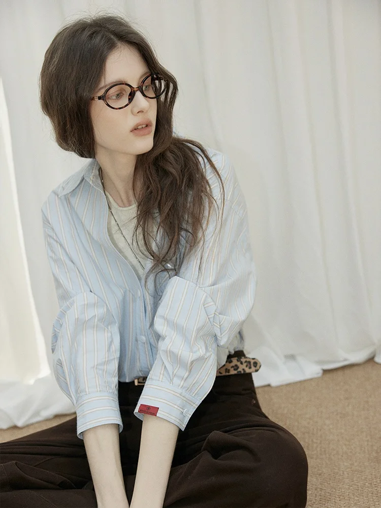 

Женская осенняя новинка: свободная повседневная рубашка Relez синяя в полоску, с длинным рукавом, простая, модная, из дышащего хлопка