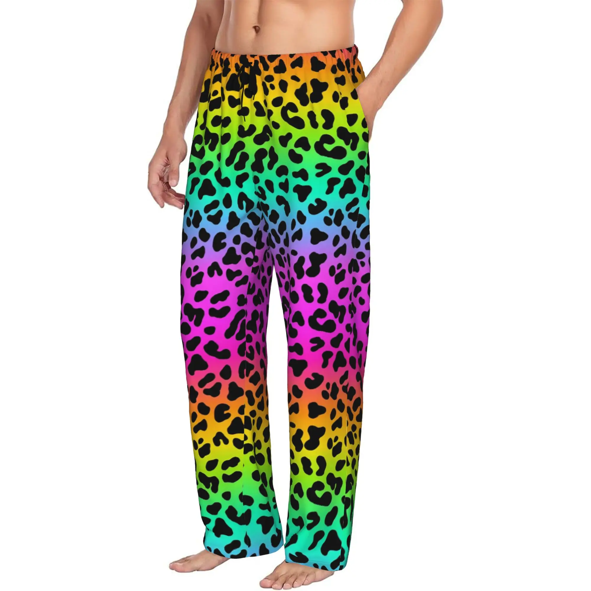 Custom Men's Rainbow Animal Leopard Pajama Pants Printed  Sleep Sleepwear Bottoms with Pockets