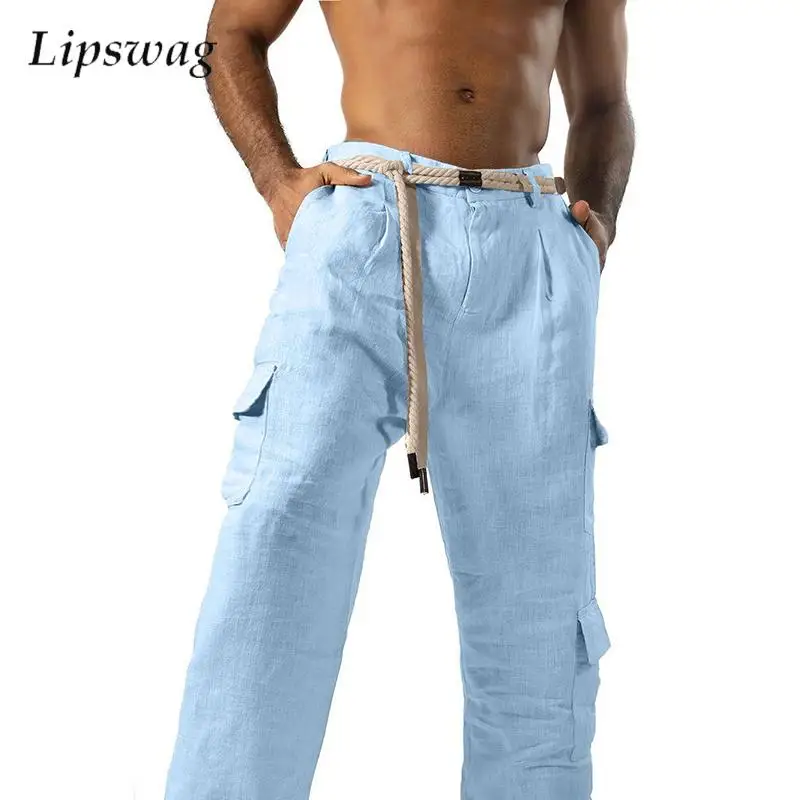 

Fashion Loose Breathable Linen Pants Mens Casual Multi Pockets Pure Color Cargo Pants Spring Fall Men Vintage Straight Trousers