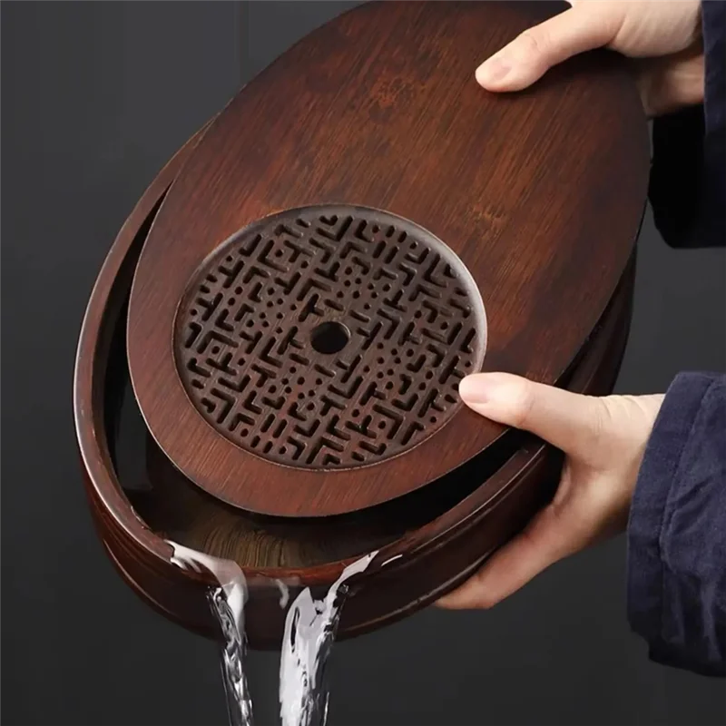 

IALJ-Chinese Tea Ceremony Culture Oval Tea Tray Hollow Drainage Storage Tea Tray Household Solid Wood Storage Tray