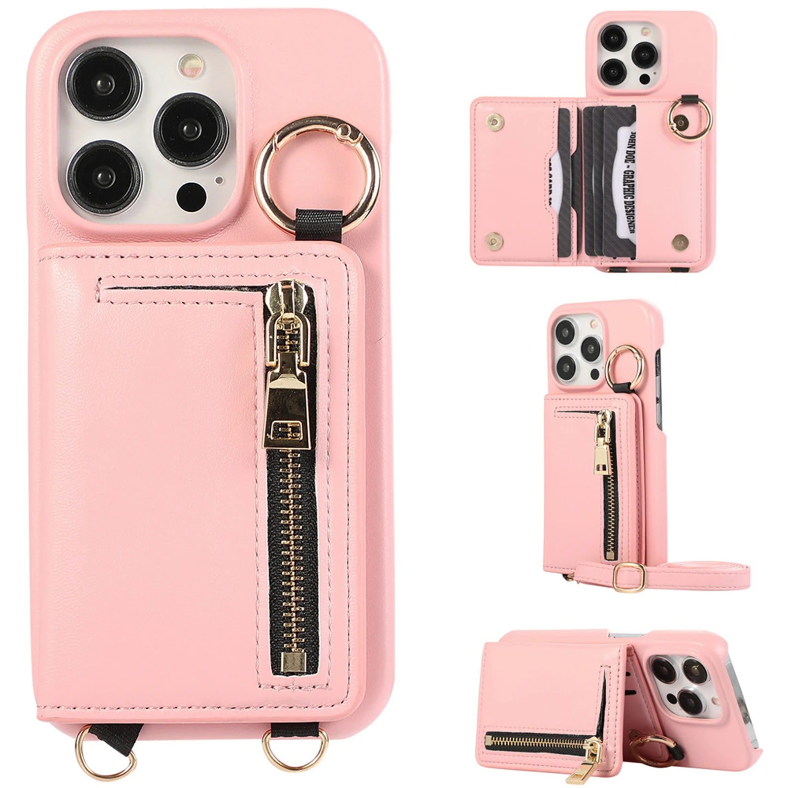 

Wallet Shoulder Strap Phone Case For iPhone 15 Pro Max 14 13 12 11 Pro Max 15 Plus Zipper Leather Card Slots Lanyard Back Cover