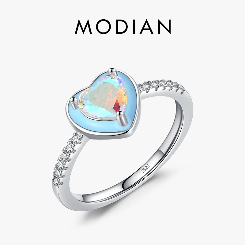 

Modian Genuine 925 Sterling Silver Romantic Blue Enamel Heart Ring Rainbow Color Zirconia Fine Jewelry For Women Wedding Gift