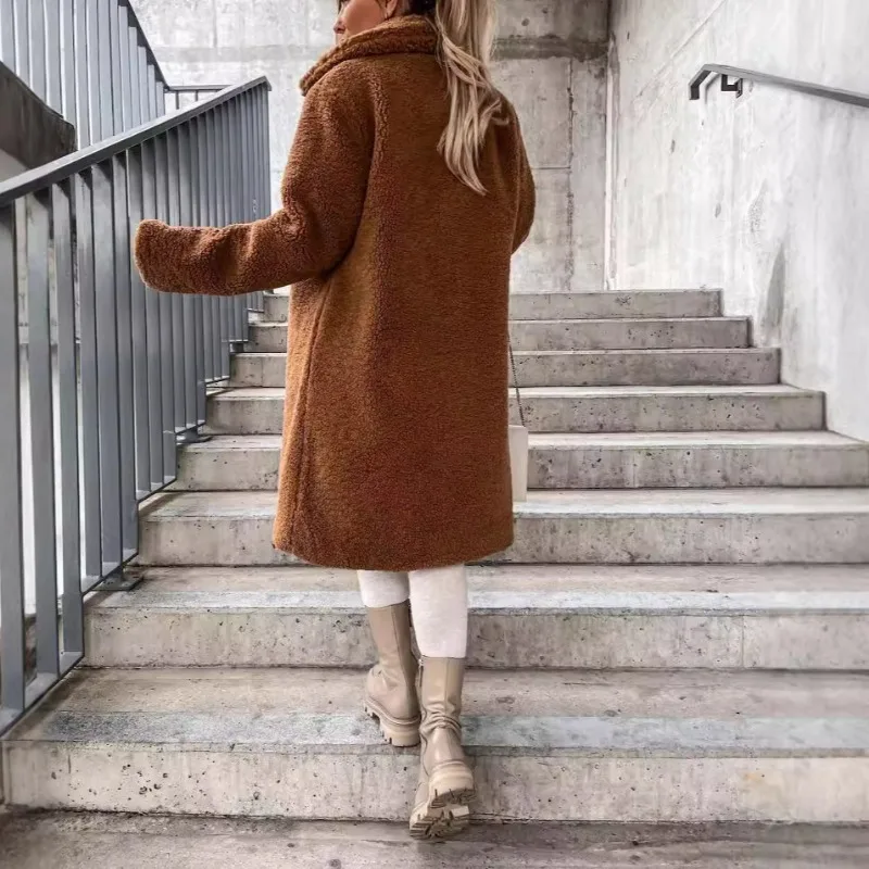 2024 Autumn and Winter New Solid Color Commute Casual Style Long Sleeves Lapel Women's Plush Tops Long Coat Winter Coat