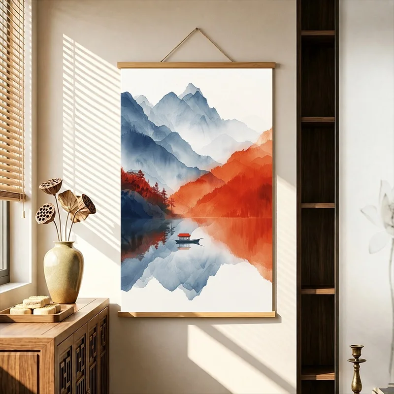 Wall Art Colorful Layered Mountains and River Valleys, Modern Landscape Pearlescent Canvas Hanging Scroll for Furniture Showroom