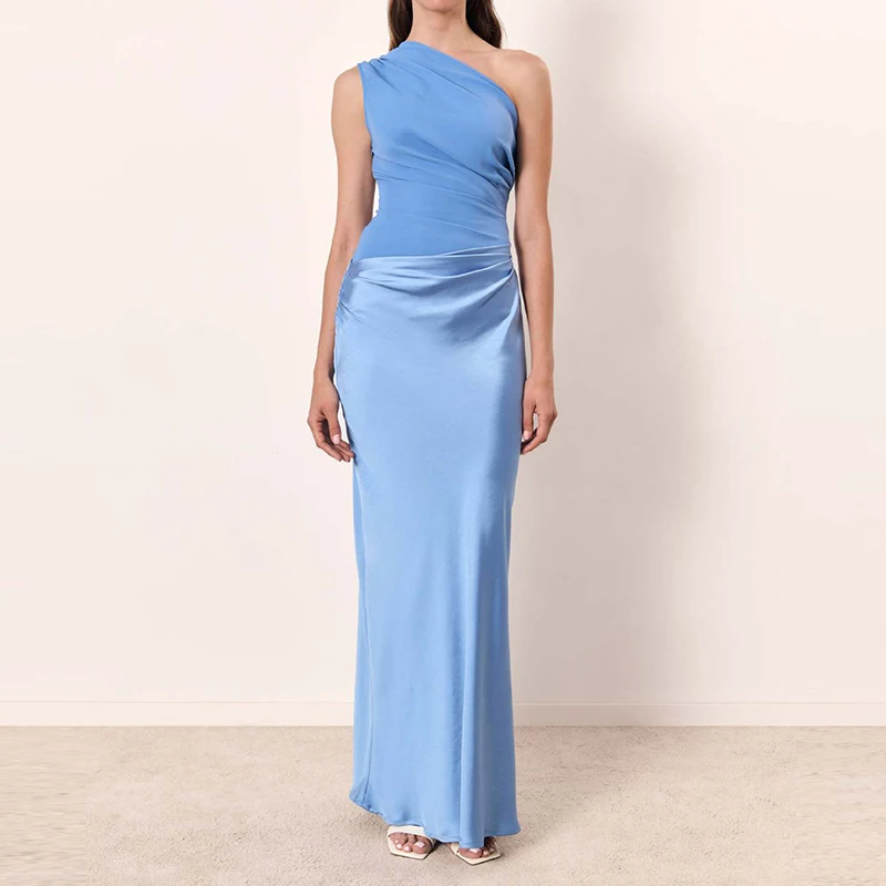 Luxuriöses, ärmelloses Satin-Wickelkleid mit Hüften, elegantes Damen-Sexy-Patchwork-dünnes Kleid 2025, lässiges, farbblockiertes Slash-Ausschnitt-Partykleid