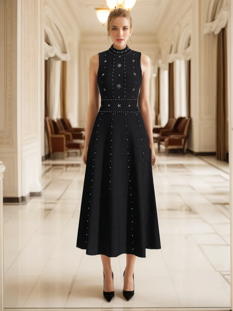 

Solid Patchwork Diamonds Designer Dresses For Women Round Neck Sleeveless High Waist Slimming Dress Female Fashion