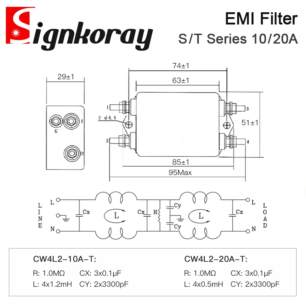 SignkoRay Power EMI Filter CW4L2-10A-T/S CW4L2-20A-T/S Single Phase AC 115V / 250V 20A 50/60HZ