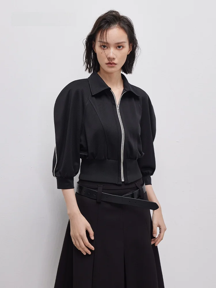 

XMOOM Spring New Knitted Acetate Color Blo mid Sve Zipper Open Cardigan Jaet Women's Busin Casual irt Collar