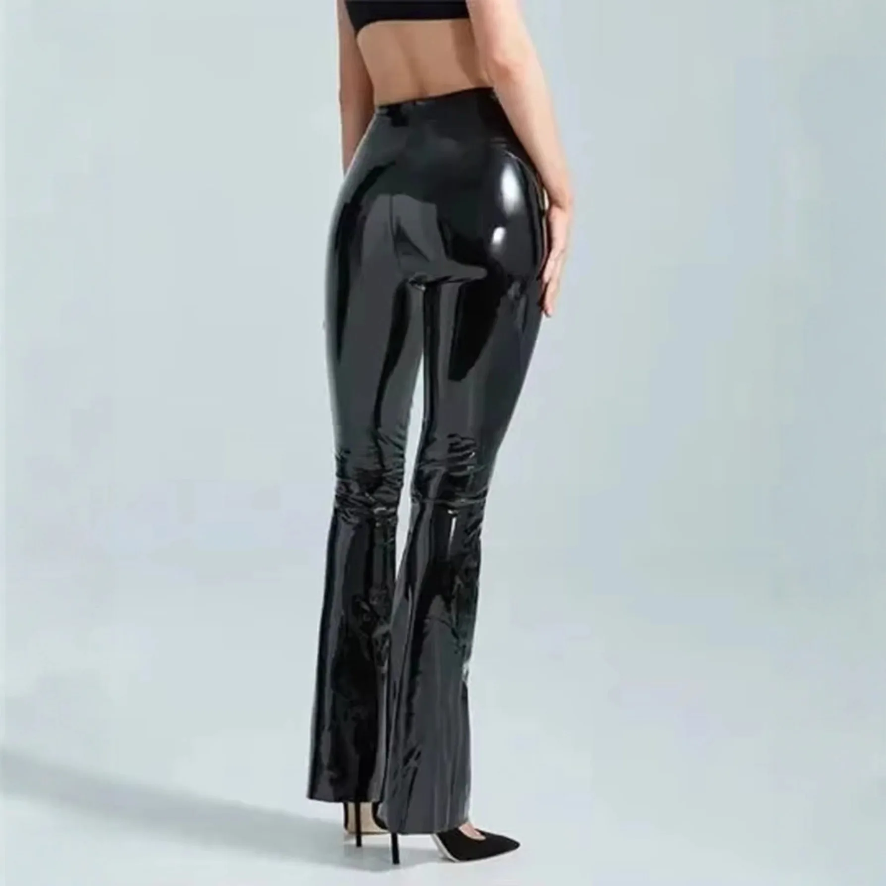 

PU Mirrored Leather Pants New European and American Fashion Sexy High Waisted Black Casual Bootleg Trousers