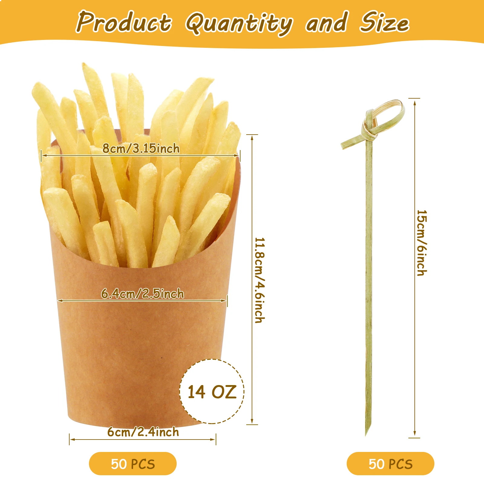 

50pcs Food Packing Cups with 50pcs Knotted Bamboo Sticks French Fries Cups Eco-Friendly Portable Disposable for Wedding Party
