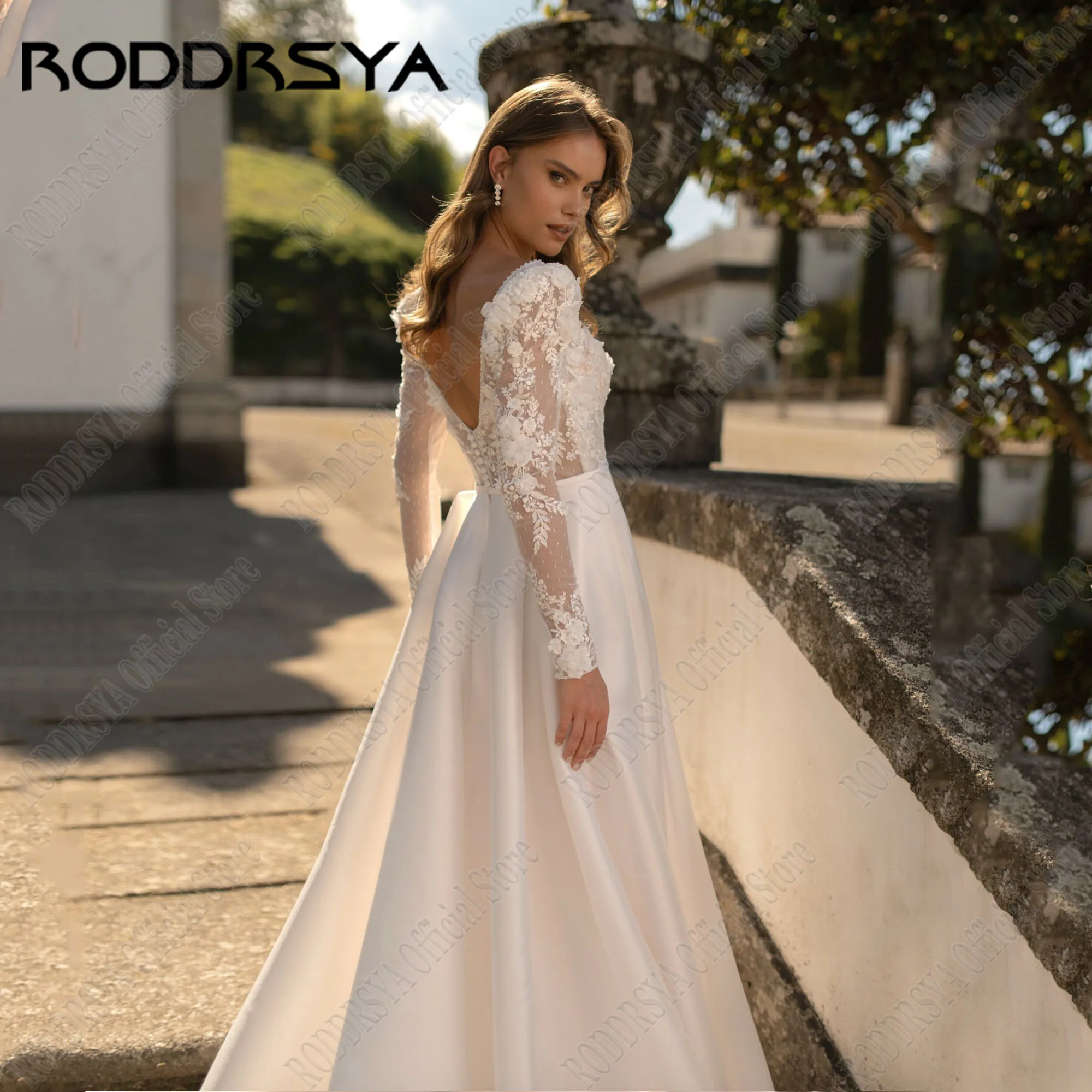 RODDRSYA Vintage ซาติน Gowns แต่งงานแขนยาวดูผ่านชุดเจ้าสาวสําหรับผู้หญิง Elegant A-Line ชุดแต่งงานที่กําหนดเอง