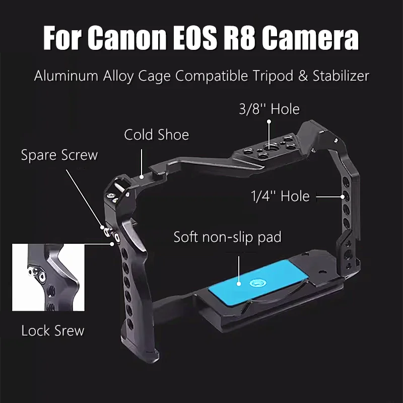 

Алюминиевая защитная рамка (кейдж) для камеры Canon EOS R8 с креплением Cold Shoe и отверстиями под винты 1/4'' и 3/8'', совместимая со штативом и стабилизатором.