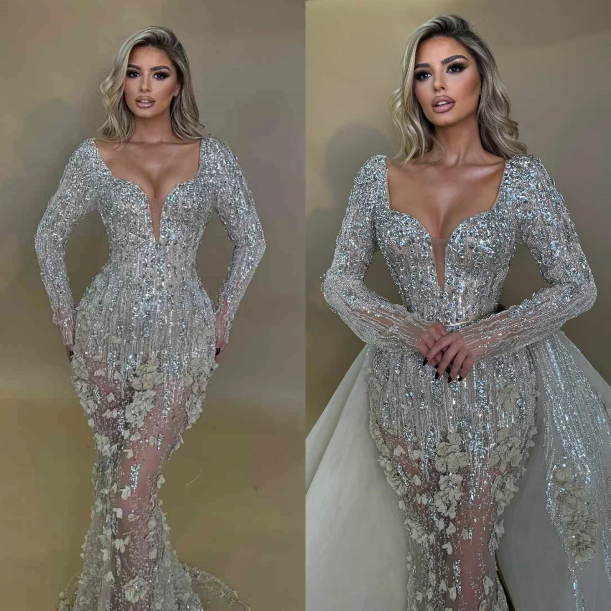 

Exquisite Mermaid Crystals Prom Gowns Long Sleeve Detachable Train Evening Dresses 3D Flowers Formal Party Customized