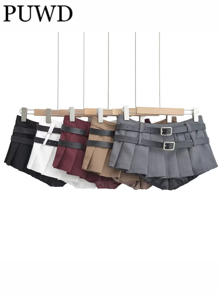 PUWD-minipantalones cortos plisados para mujer, faldas informales de Color gris con doble cinturón, Vintage, de cintura baja, Color sólido, para verano, 2023