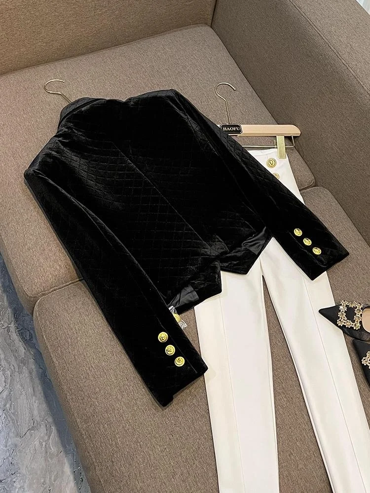 Faionable Metal Double-Fila Pulsante Pin Decorazione Velluto Or Abito Jaet Commute Sle Slim Fit Lungo Sve Colore puro