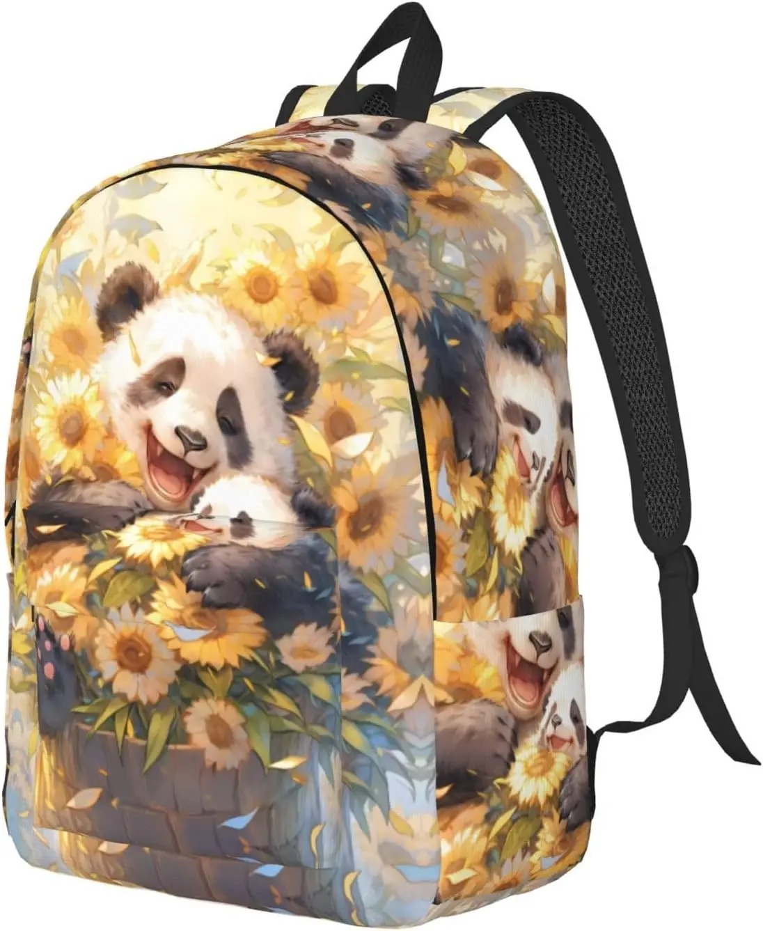 Mochila para computadora portátil de viaje: lindo panda girasol Mochila de lona para computadora con correas ajustables