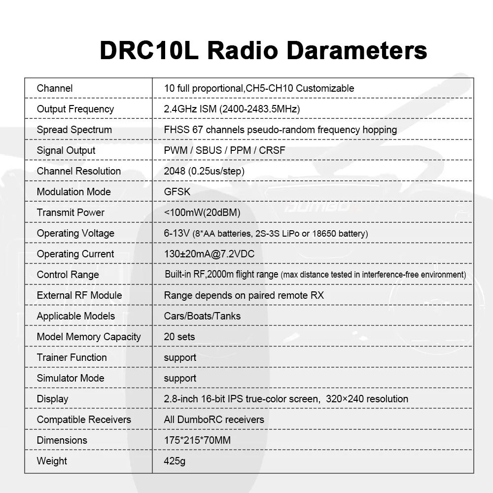 DUMBORC RC Transmitter DRC10L 10CH Coach Mode 20 Model Memory for RC Car Boat Tank Mech