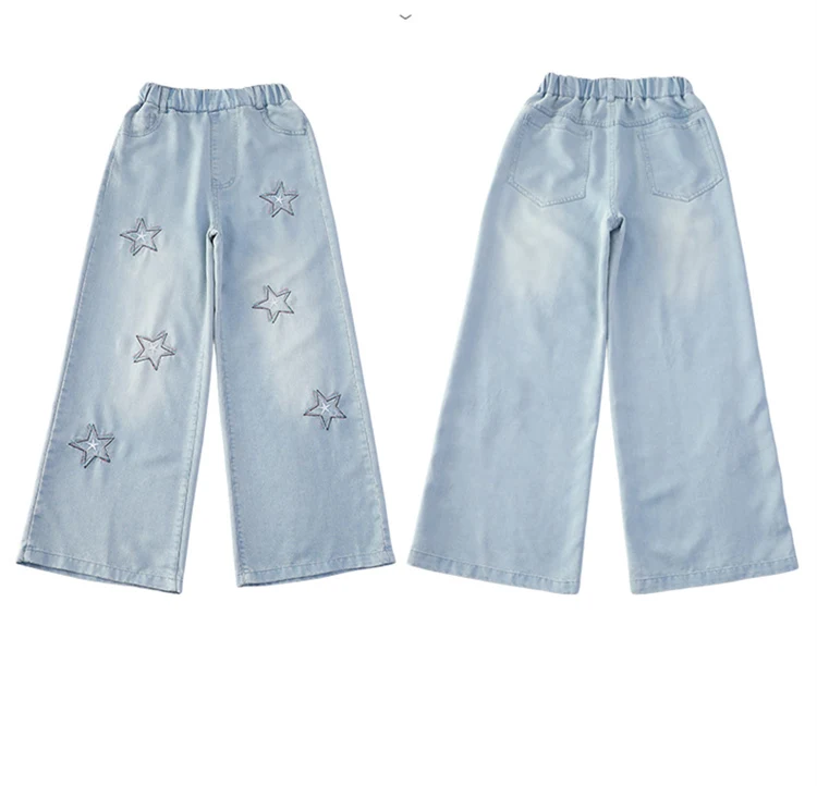 Jeans für Teenager-Mädchen mit Stern-Stickerei, Sommerliche Casual-Mode, Kinder-Jeans mit weitem Bein, Dünne Leichte Schulhosen aus Denim – Detail 8