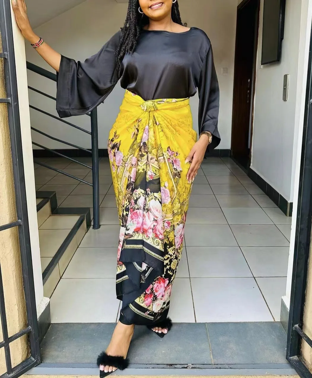 African Clothes for Women Summer Elegant African Women Two Pieces Set Loose Flare Sleeve Top Print Skirt Matching Sets