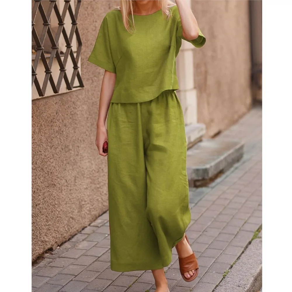 Women\'s Casual Loose Round Neck Top And Wide Leg Pants Two-piece Set 2024 Summer Solid Color Short Sleeved Blouse Trouser Outfit