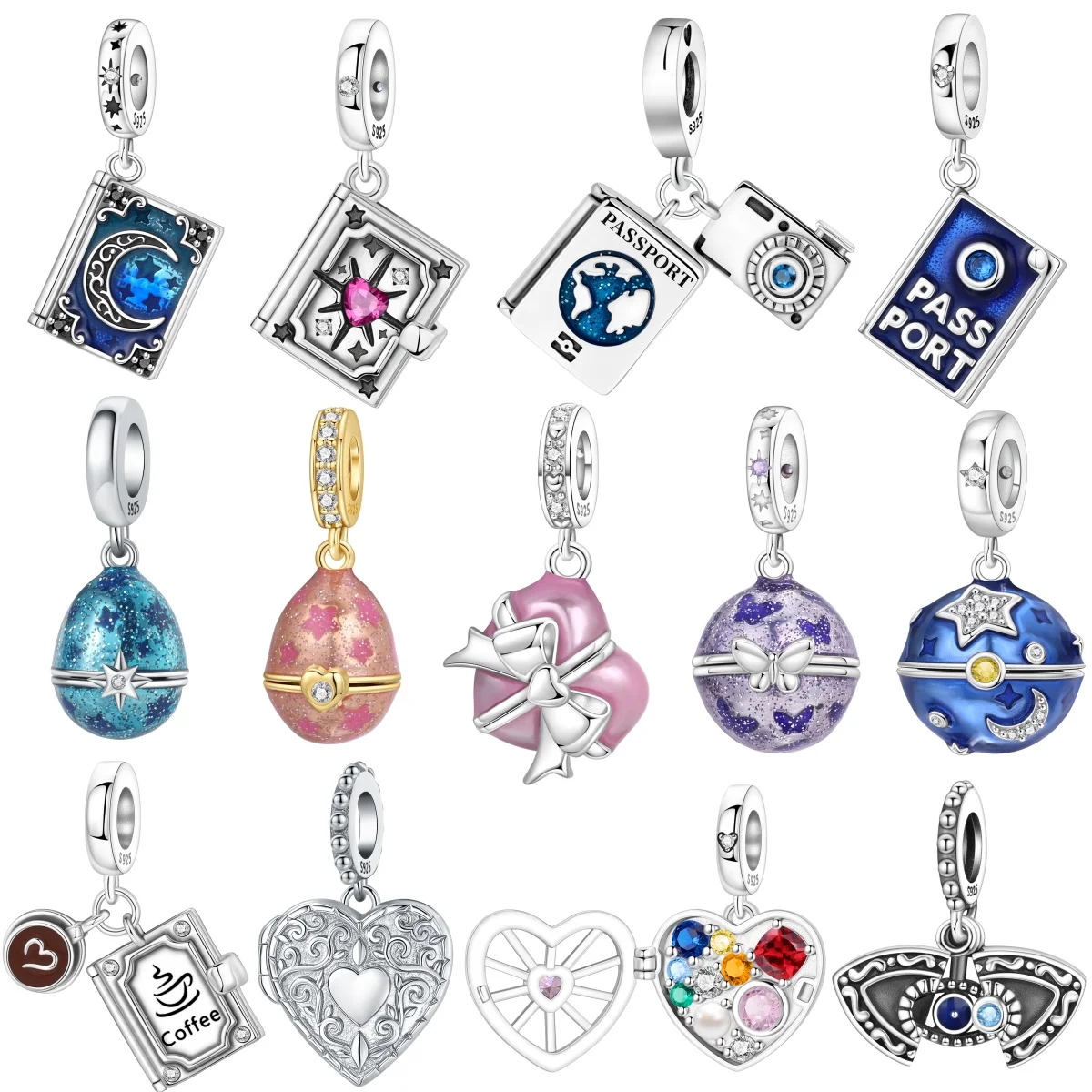 MISEFF S925 Sterling Silver Charm Book Passport Heart-Shaped Openable Pendant For Bracelet DIY Jewelry Making Accessories Gift