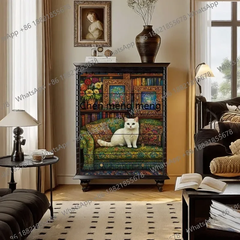 07 American retro solid wood chest of drawers, living room wall side cabinet, bedroom oil painting storage locker