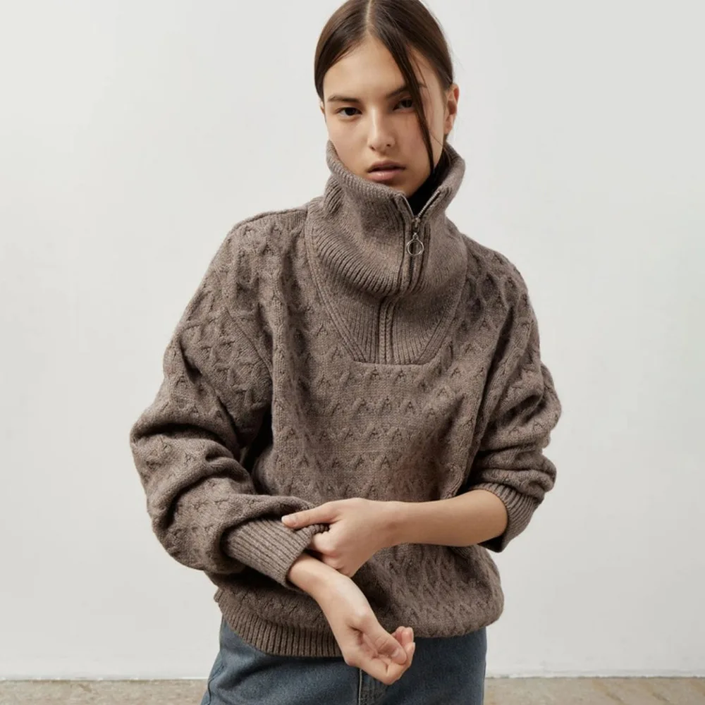 

Slouchy-Style Women's Autumn Knitwear Turtleneck Half Zip Chunky Cable Knit Female's Sweater Vintage Warm Pullover Top For Lady