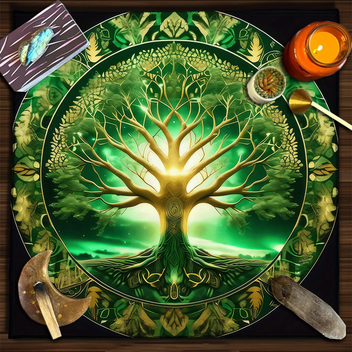 Enchanted Green Tree of Life Tarot Tablecloth Mystical Nature Energy Square Altar Cloth For Divination Altar Decor Tarot Cloth