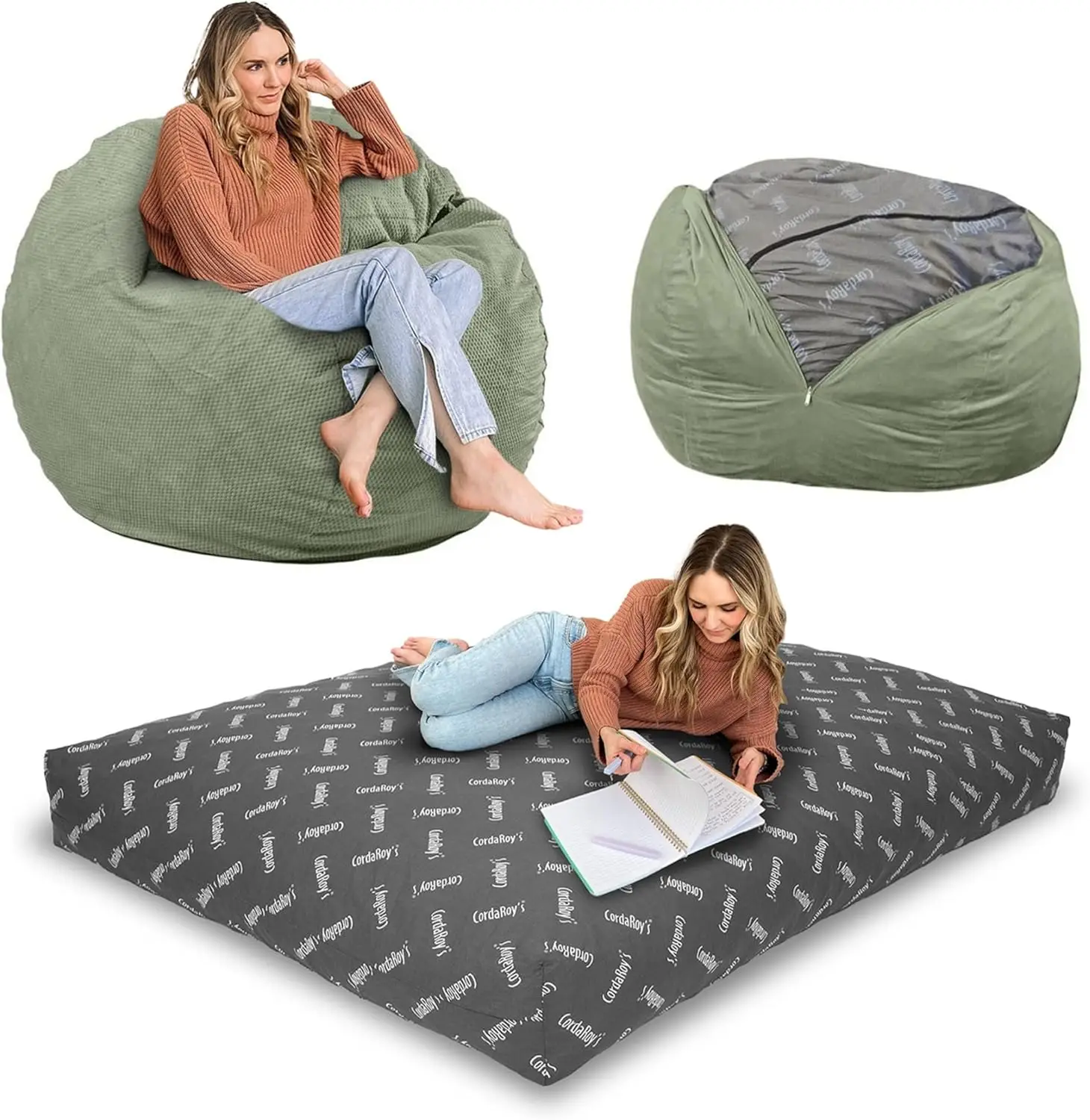 Bean Bag Chair, Convertible Chair Folds from Bean Bag to Lounger, As Seen on Shark Tank, Moss - Full Size