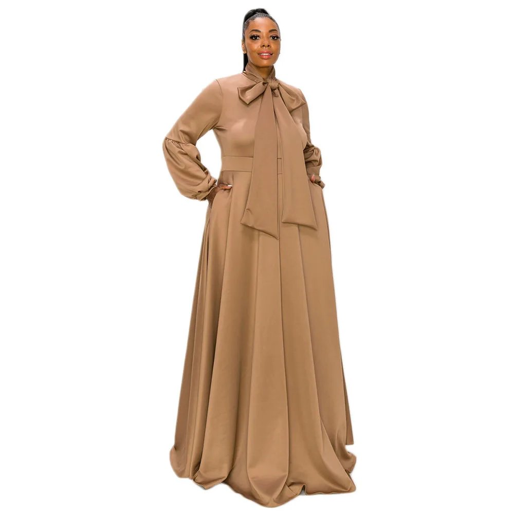 

Wsfec XL-5XL Plus Size Dresses Women Clothing 2023 Solid Color Long Sleeve Knot Loose Casual Elegant Evening Dress Dropshipping