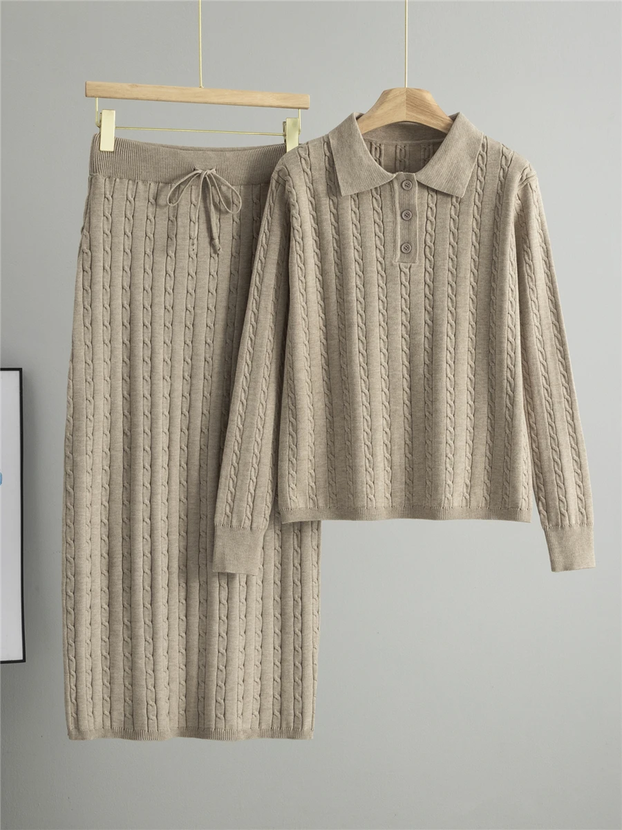 Korean College Style Loose Neck Sweater Set Women's Autumn Winter Knitted High Waist Long Skirt Two Piece Set Knitwear