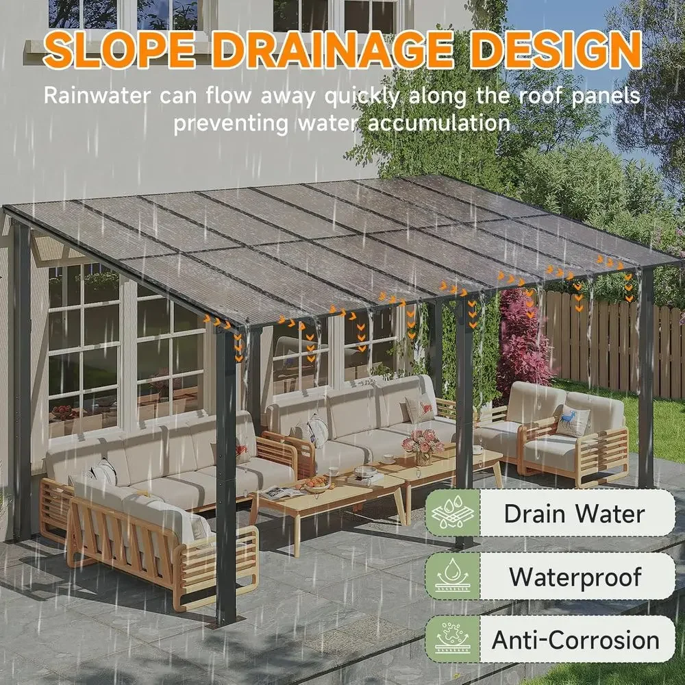 10x16T Lean to Gazebo, Hardtop Metal Pergola with Polyte Roo, Large Wall Mounted Heavy Duty Awnings, Patio or Backyard, Deck, Po view 6