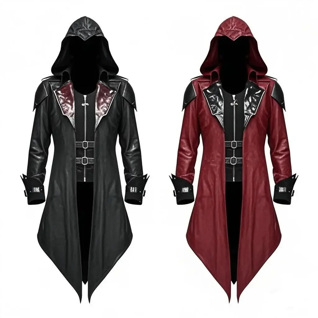 Mittelalterlicher Frack für Herren, Steampunk, Vintage-Stil, gespleißt, mit Kapuze, Trenchcoat mit Reißverschluss, Gothic, dunkles Halloween-Kostüm