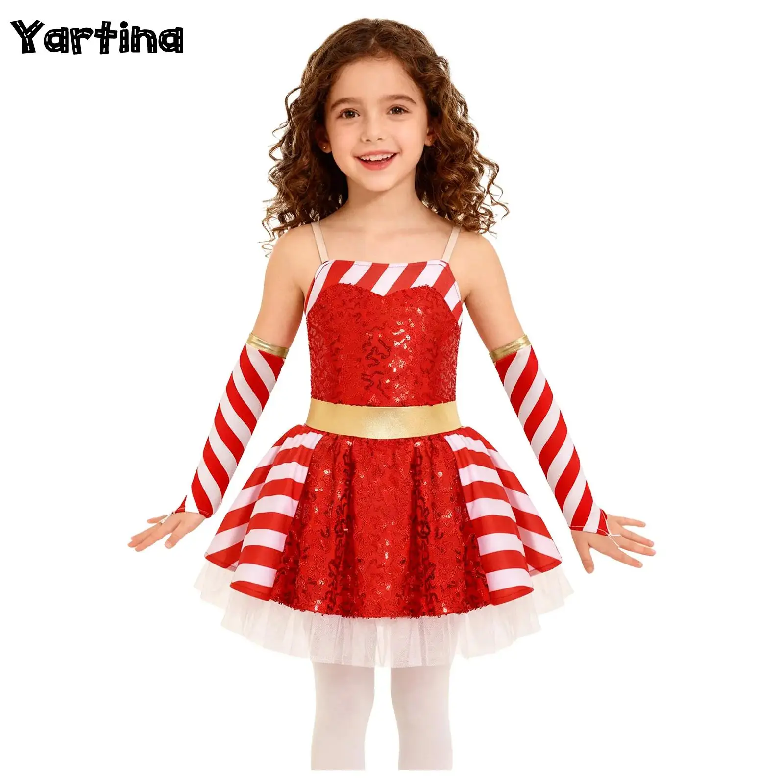 

Girls Christmas Xmas Santa Claus Cosplay Costume Candy Cane Ballet Dance Outfit Gymnastics Bowknot Tutu Dress with Oversleeves