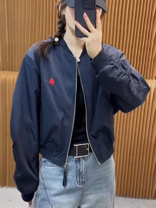 

Fashionable Short Baseball Jacket Women's Loose Fit Spring Autumn New Style Casual Flight Coat Embroidered round Neck Zipper