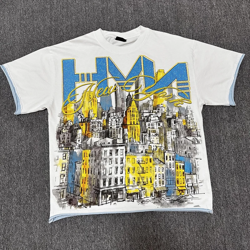 HARMONY Tee City Pattern Rhinestone Print Layered Cuff Oversized Vintage Streetwear T-shirt Original Label High Quality Stock