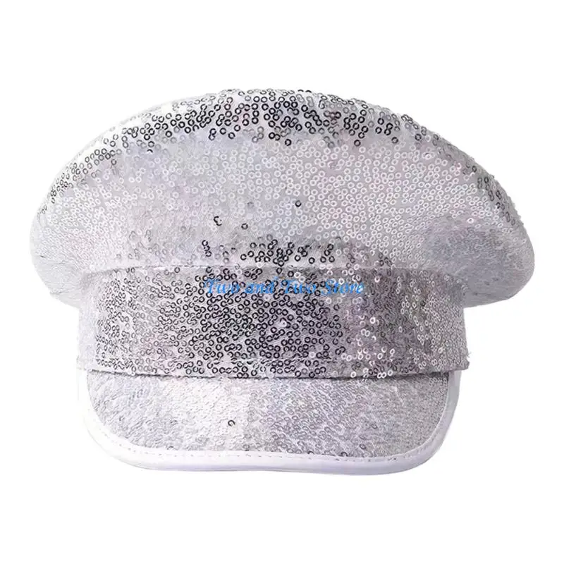 HX6F Costume Captain Hat Sequins Brimmed Cap for Carnivals Event Night Club Styling
