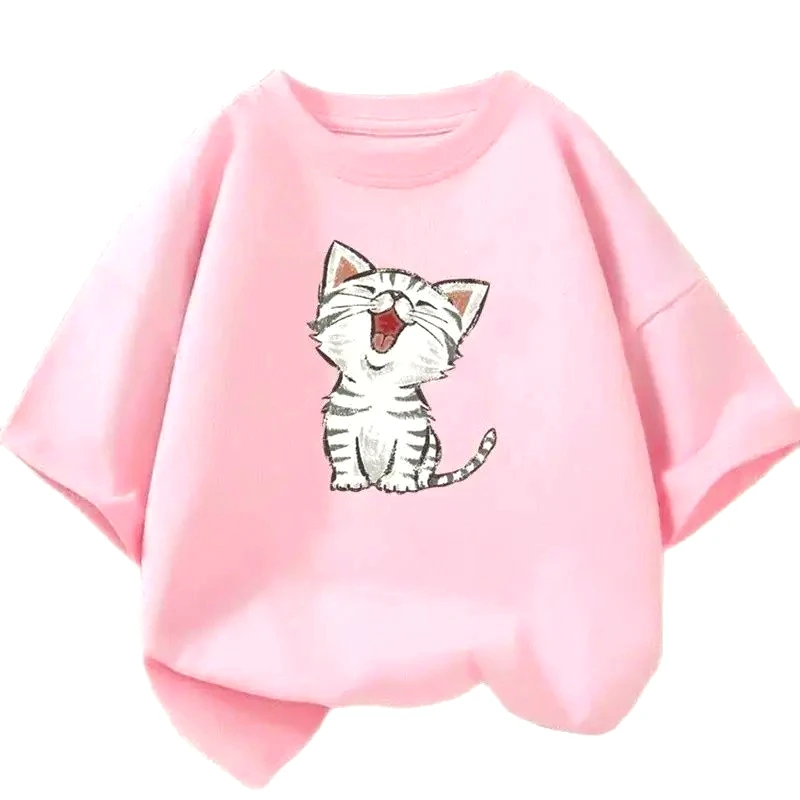 

Girls Clothes 2025 Summer Fashion T-Shirt Fun and Cute Cat Kitten Print Casual Short-Sleeved Tops Children Summer Clothes