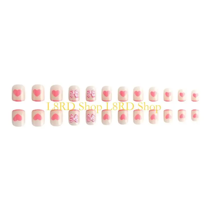 L8RD 24Pieces French False Pink Heart Art Pattern Reusable Fake Easy To Apply Comfortable Wear For Special Event