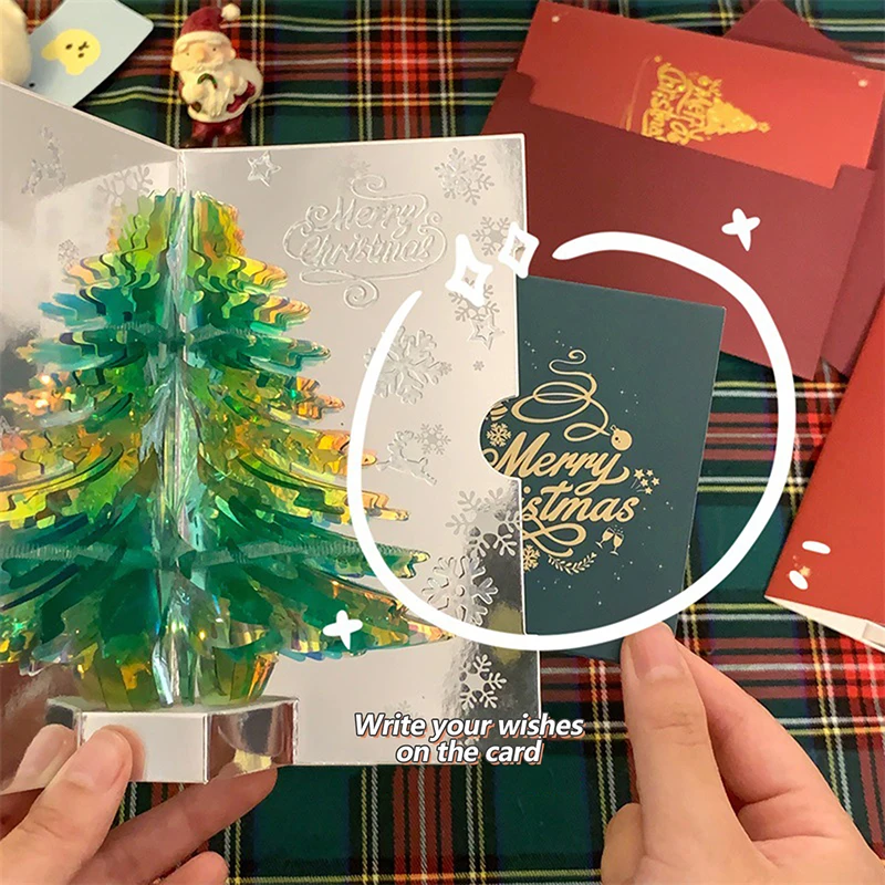 3D Pop Up Christmas Card With Music Merry Christmas Greeting Card Handwritten Blessing Invitation Cards Thanksgiving Gifts