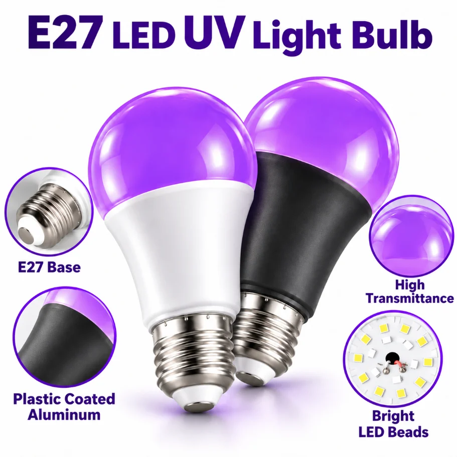 AC85-265V E27 LED UV Black Light Bulb 399-400nm Purple Ultraviolet Globe Lamp for Halloween Party Bar Fluorescent Poster Decor