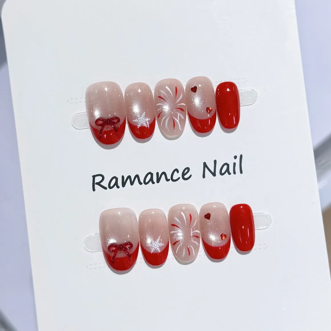 10 Stück handgemachte rote französische Nägel zum Aufdrücken, Weihnachten, Katzenauge, künstliche Nägel, tragbar, europäischer Winter, Glitzer, Diamant-Dekor, künstliche Nägel