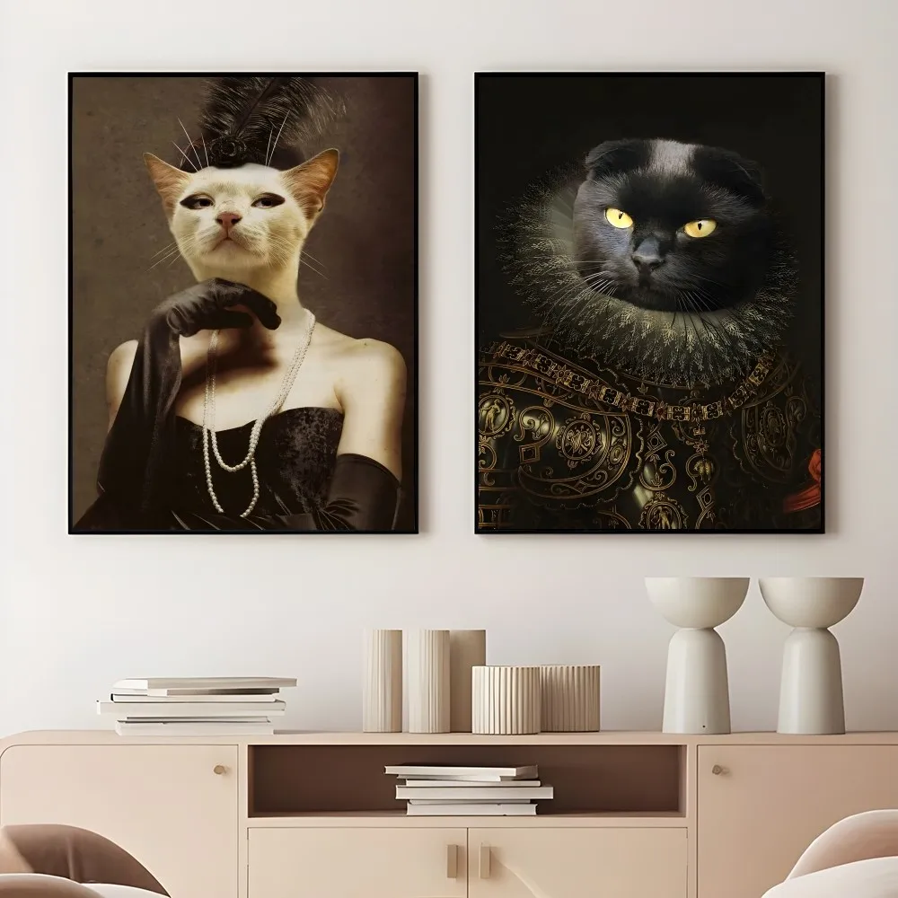 Renaissance Royal Cat Funny Poster Sticky Wall Art Printing Waterproof Home Living Bed Room Bar Aesthetic Decor